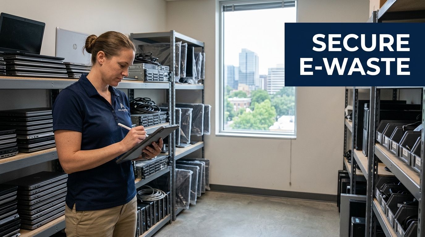 Woman documenting electronics inventory on a tablet in a facility surrounded by e-waste for recycling.