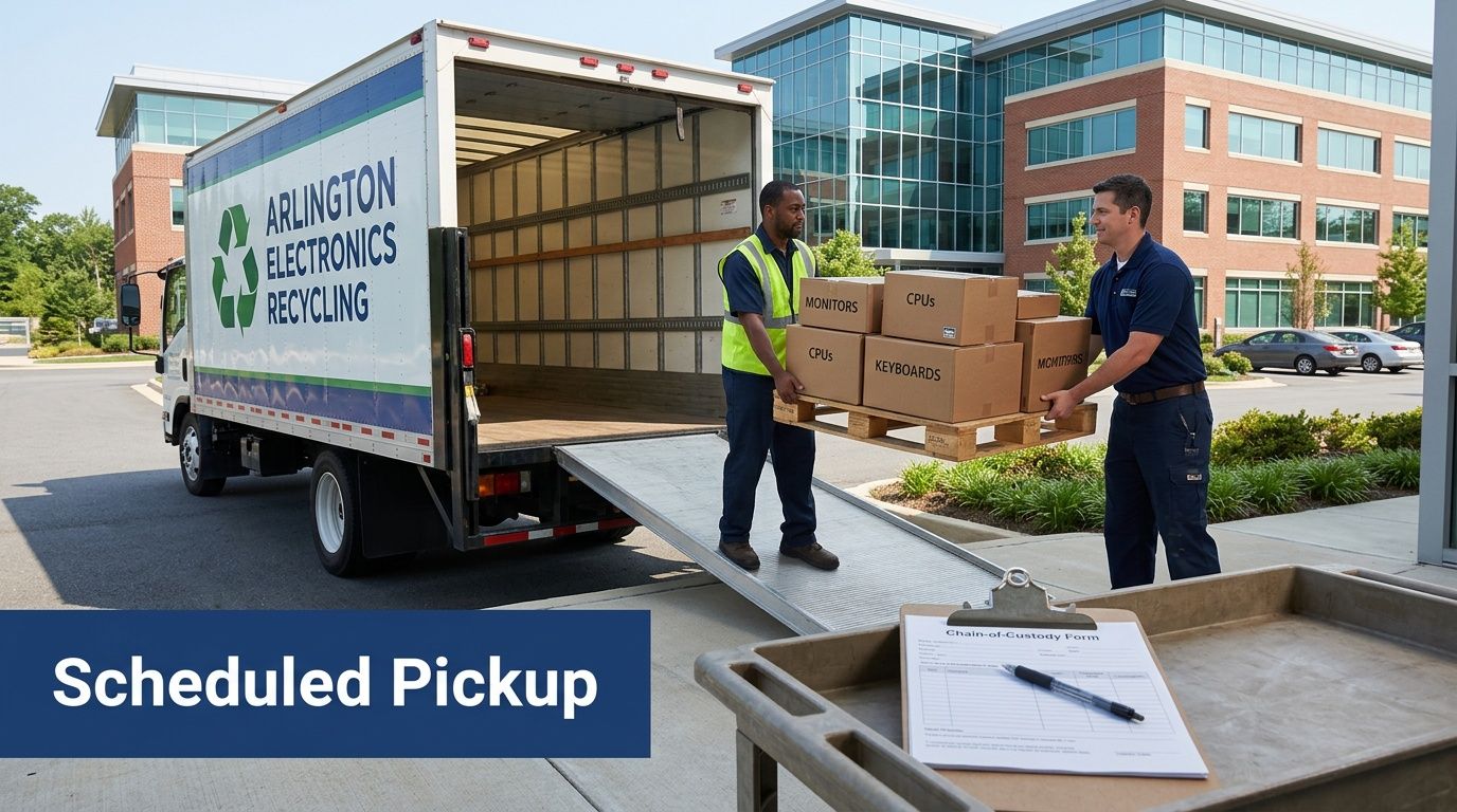 Two men loading boxes of CPUs, monitors, and keyboards onto an Arlington Electronics Recycling truck.