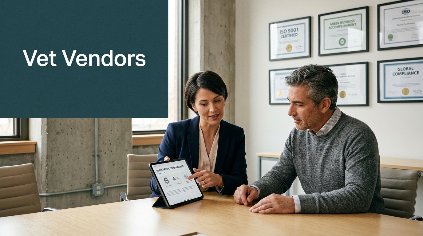 Business professionals reviewing approved vendor certifications on a tablet in a certified office.