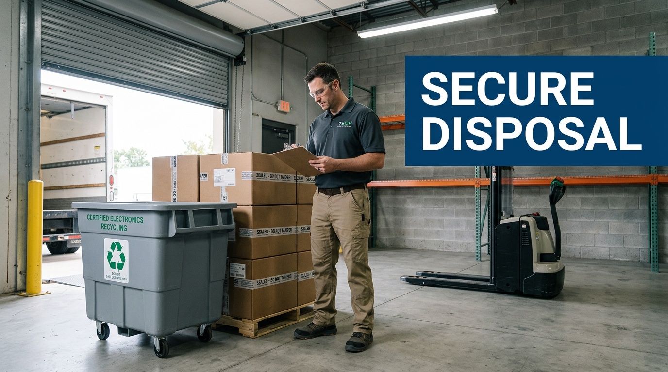 Man checks items in a warehouse with an electronics recycling bin and stacked boxes.