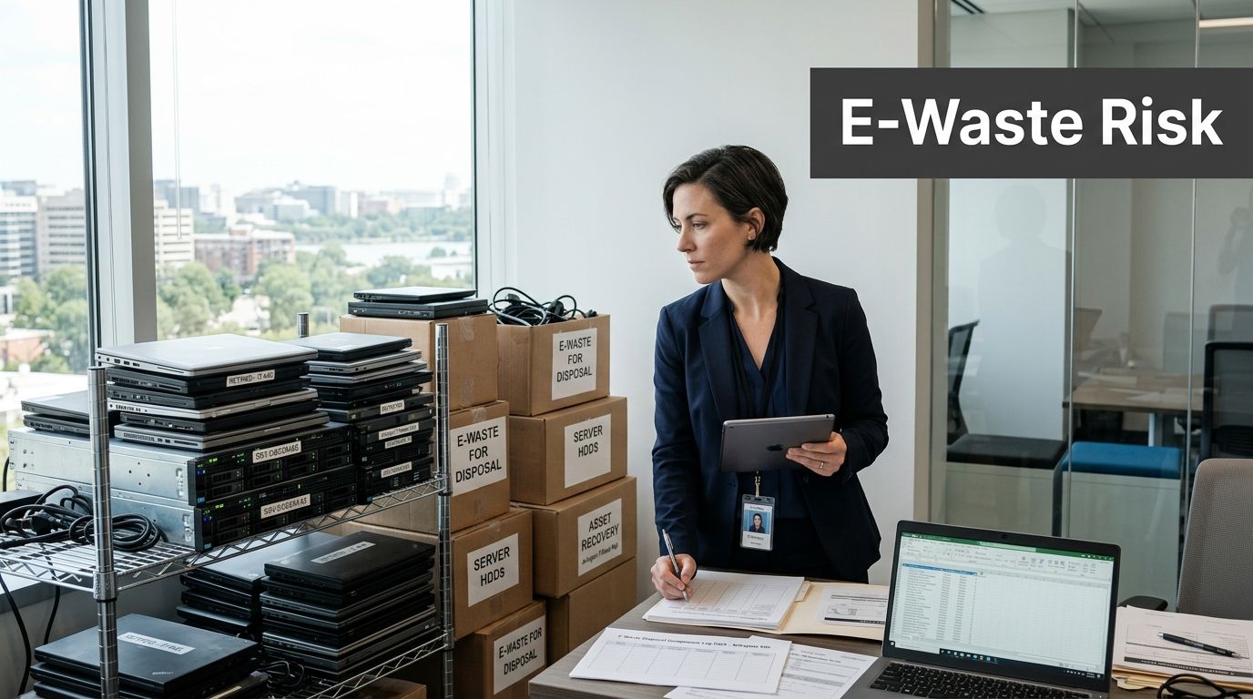 A woman manages a large collection of old laptops, servers, and e-waste for disposal.