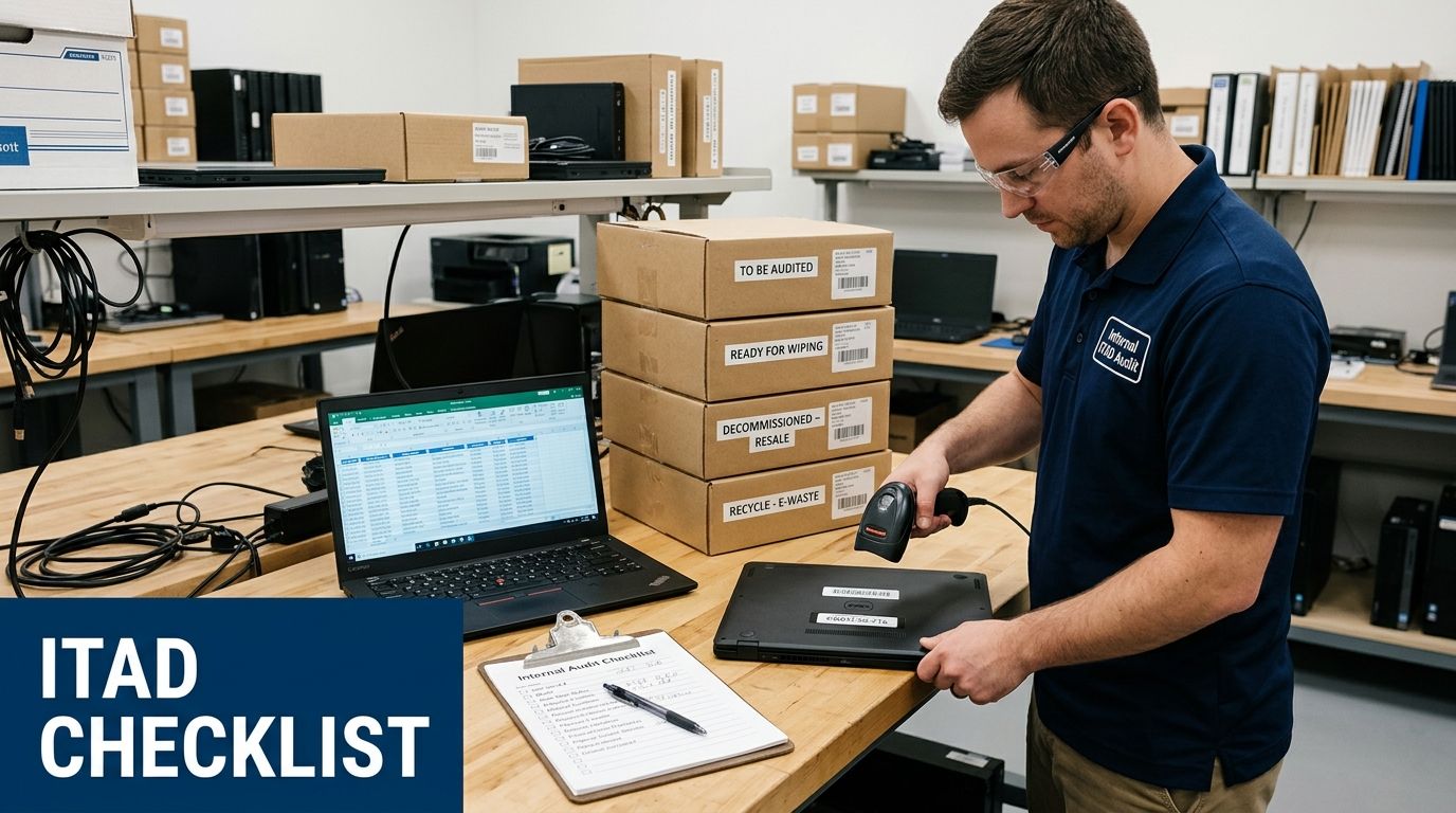A man scans a laptop during an IT asset disposition audit, checking items against a checklist.