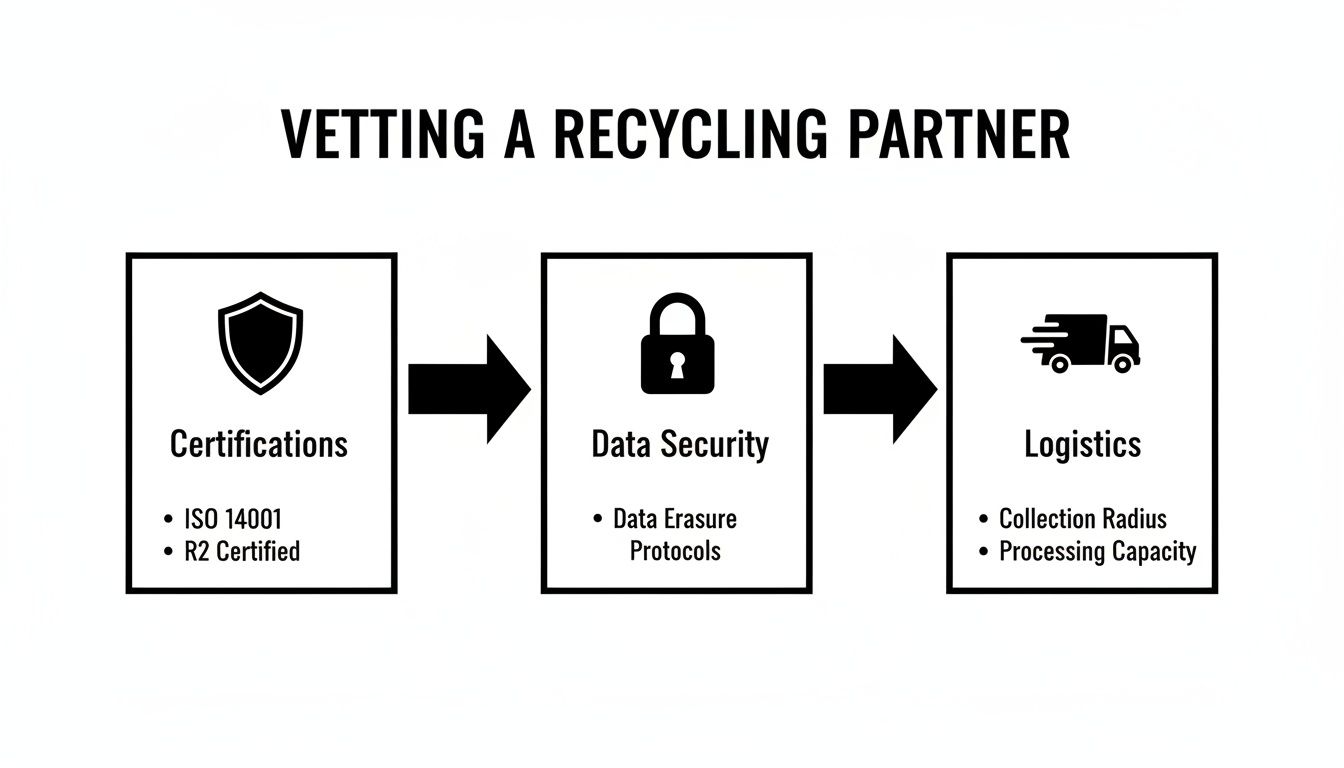 Flowchart detailing essential steps for vetting a recycling partner, covering certifications, data security, and logistics.