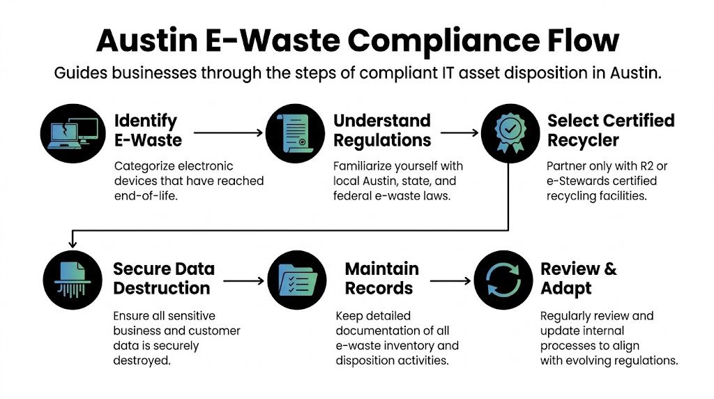 A flowchart infographic outlining the six steps for compliant electronic waste disposal for businesses in Austin, Texas.