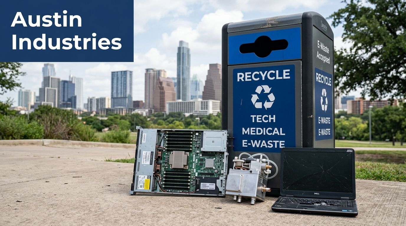Discarded electronic components and a broken laptop placed in front of an e-waste recycling bin in Austin.
