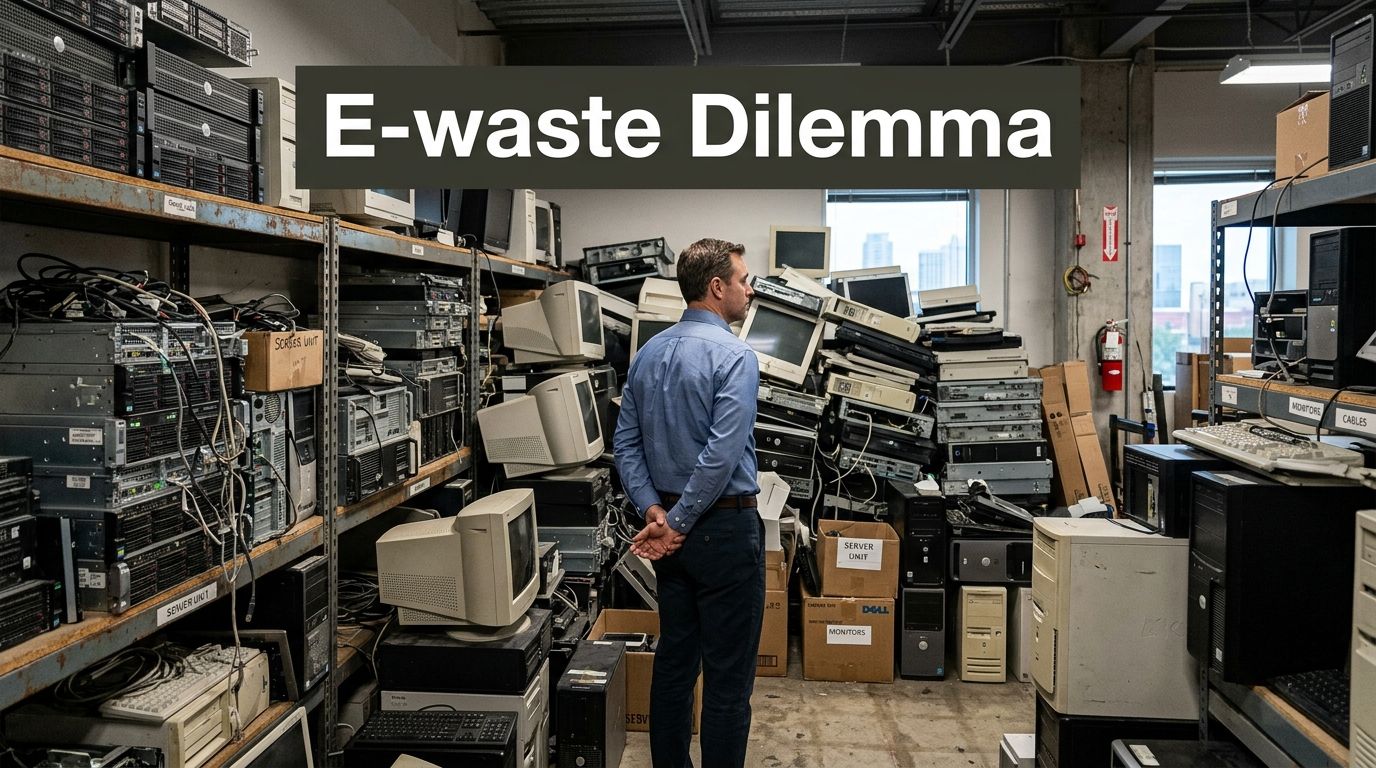 A man in a shirt and trousers standing in a cluttered room filled with discarded computer hardware.