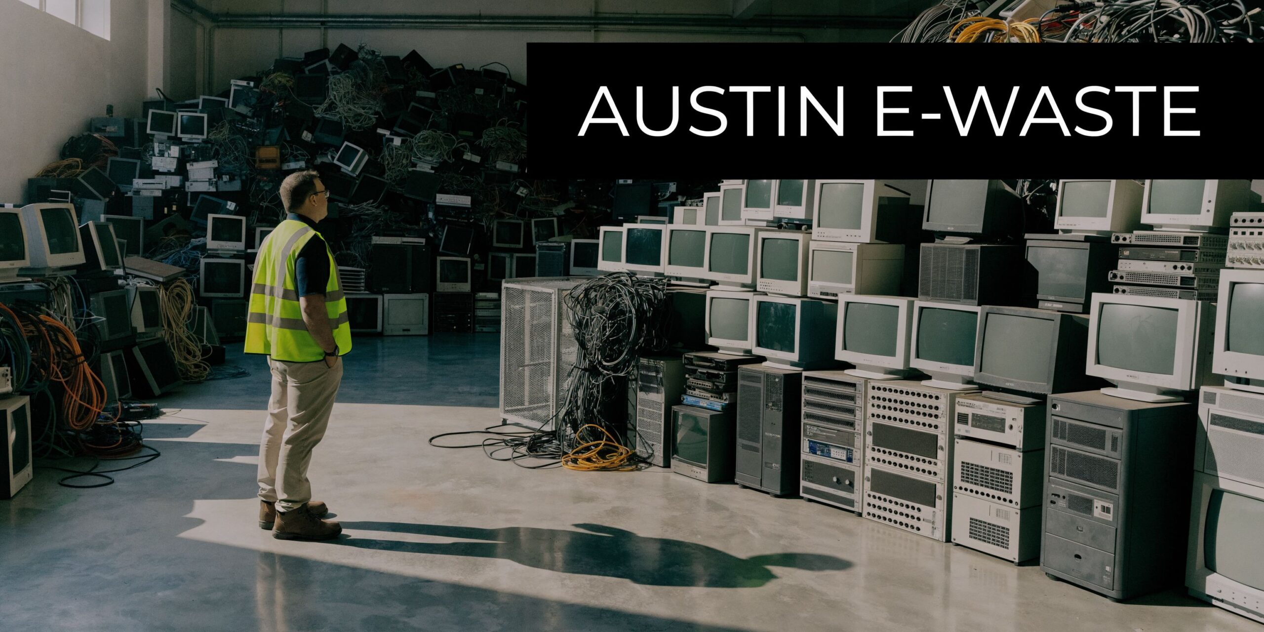 A worker in a high visibility vest standing in a warehouse filled with discarded electronic waste.