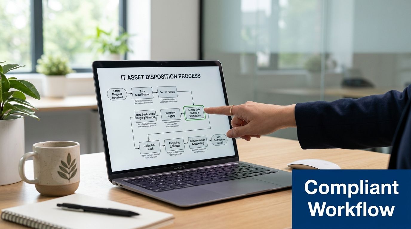 A professional pointing at an IT Asset Disposition process flowchart displayed on a laptop screen.