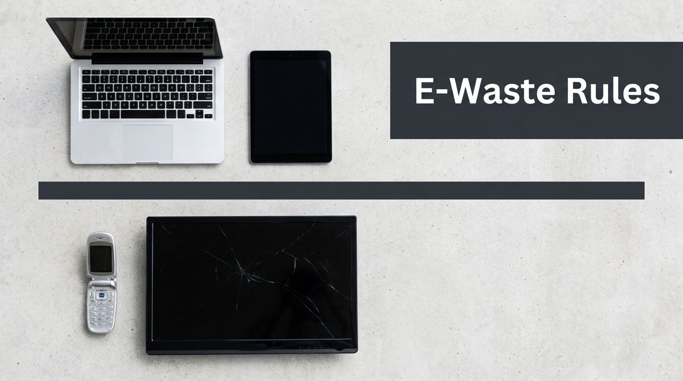 A flat lay view of various electronic devices including a laptop, tablet, phone, and broken monitor.