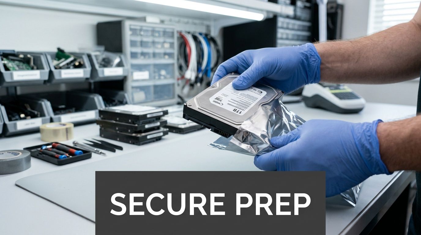 A technician wearing blue gloves inserts a one-terabyte hard drive into an anti-static bag for secure storage.