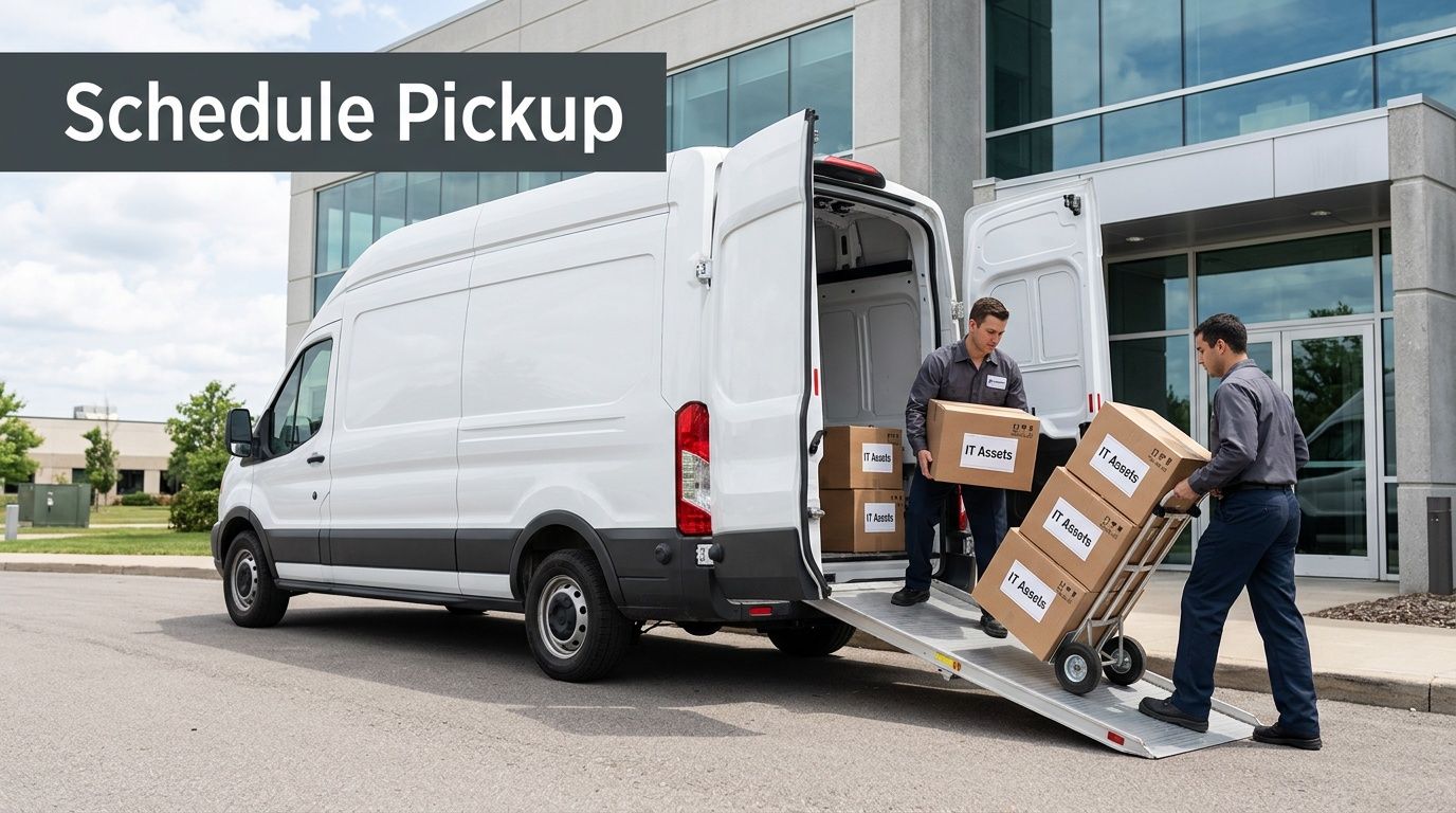 Two professional movers loading boxes labeled IT Assets into the back of a white delivery van.