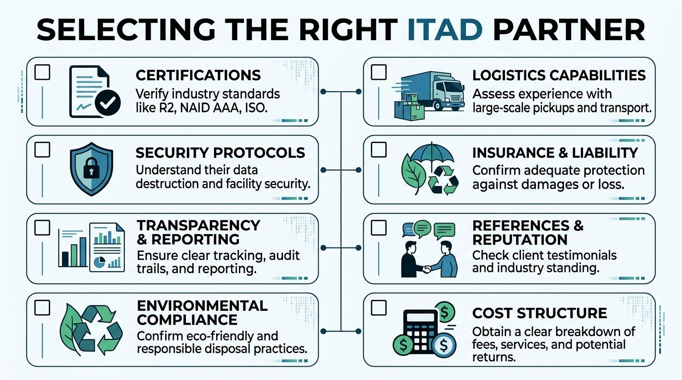 A checklist infographic titled Selecting The Right ITAD Partner, outlining key criteria for choosing an IT asset disposition service.