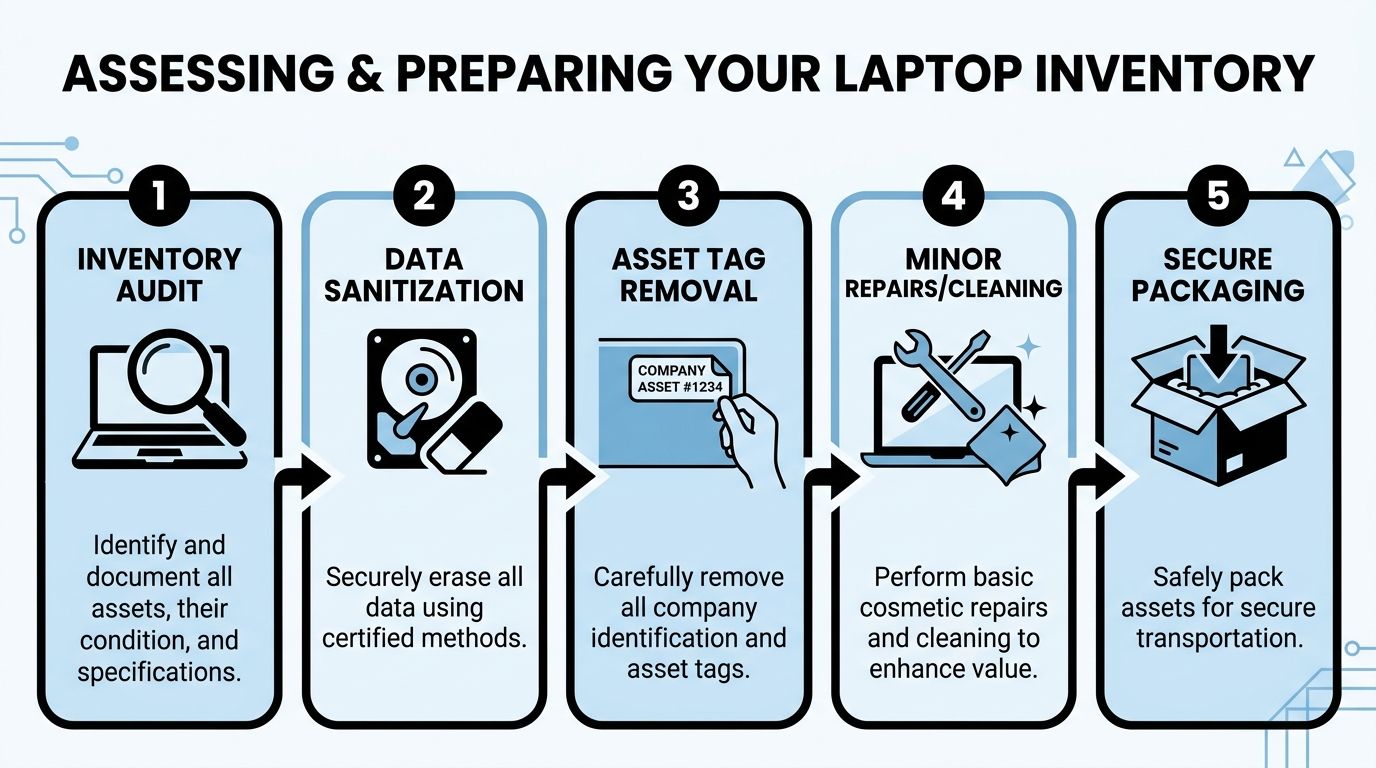 A five step infographic illustrating the process of assessing and preparing laptop inventory for disposal or recycling.