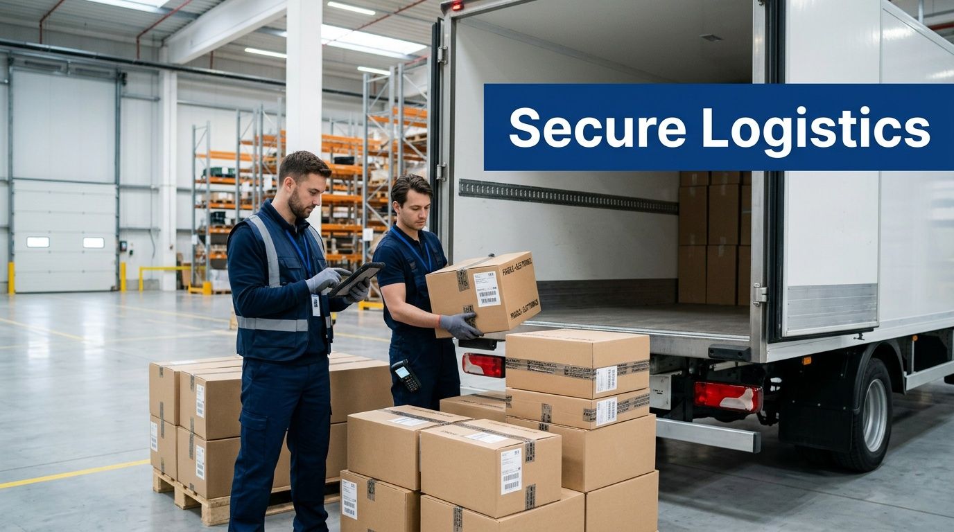 Two logistics workers in uniforms loading cardboard boxes into a delivery truck inside a large warehouse facility.