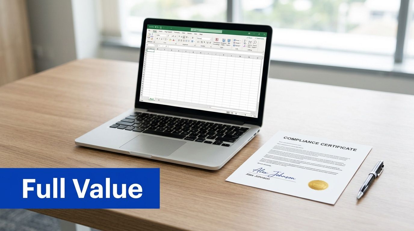 A modern laptop displaying an Excel spreadsheet next to a compliance certificate document and a pen on a desk.