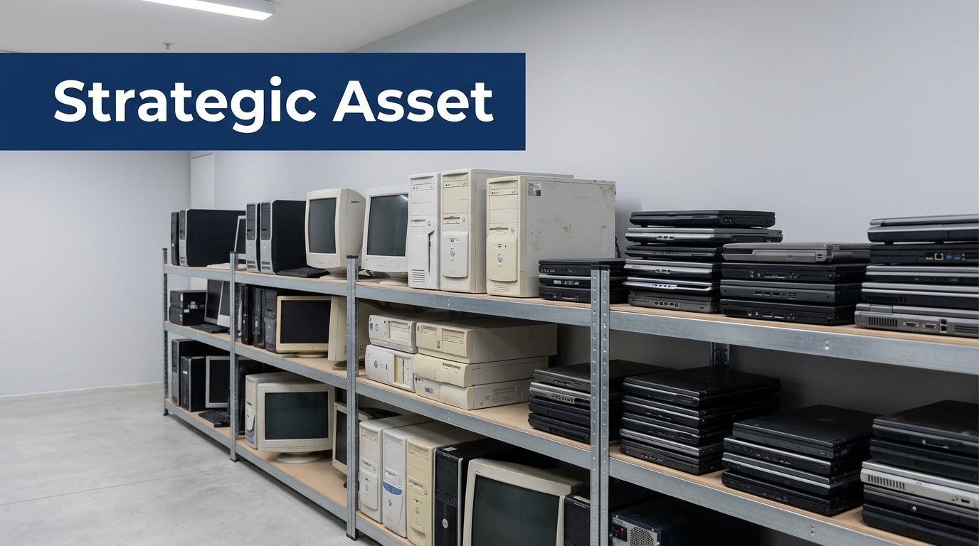 Shelves filled with stacks of vintage desktop computers and numerous stacked laptops in a storage room.