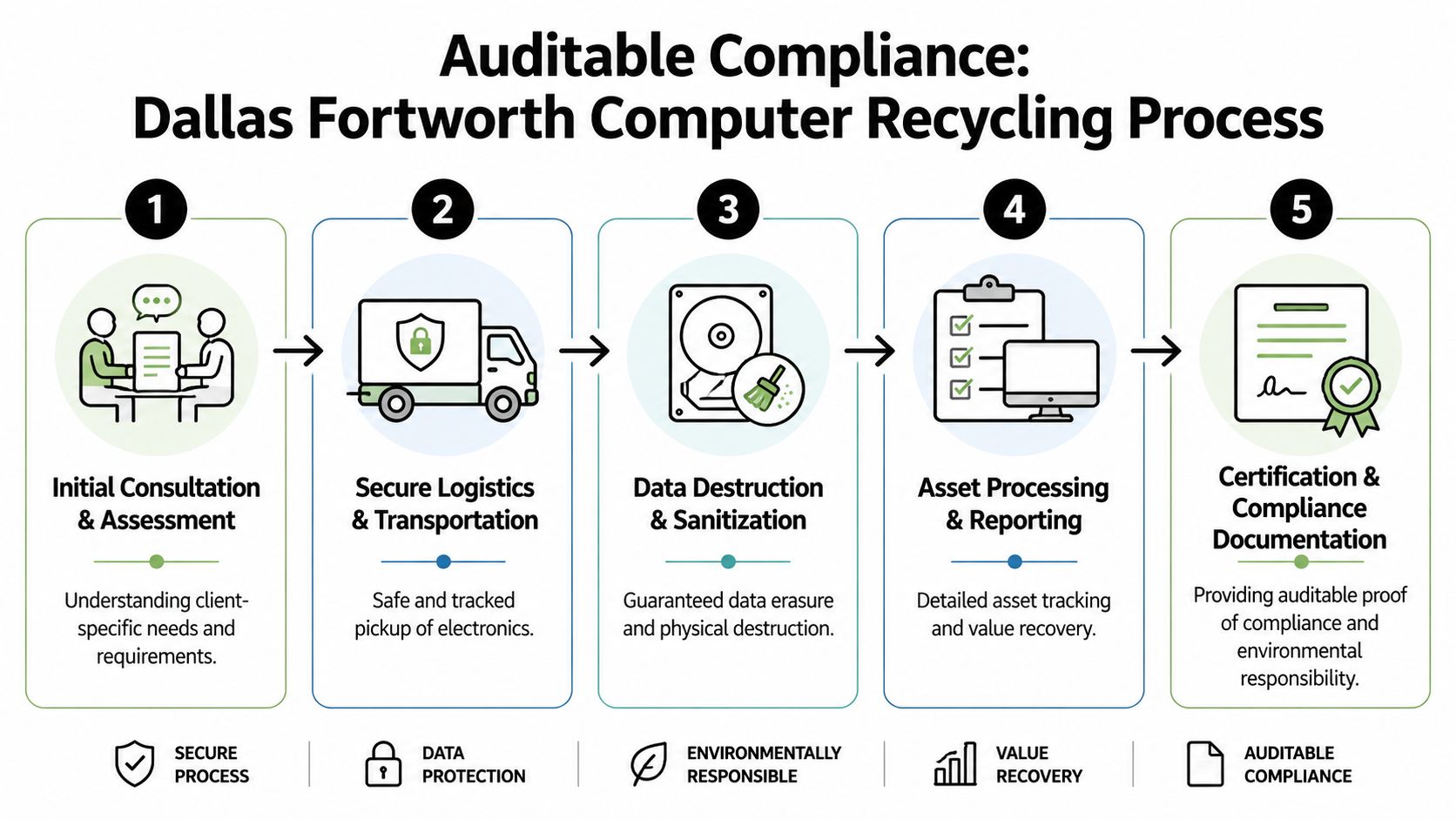 A five-step flowchart illustrating the secure, compliant process of professional computer recycling and data destruction services.