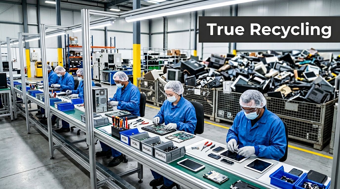 Workers in blue uniforms and protective hairnets carefully disassembling electronic waste in a professional recycling facility.