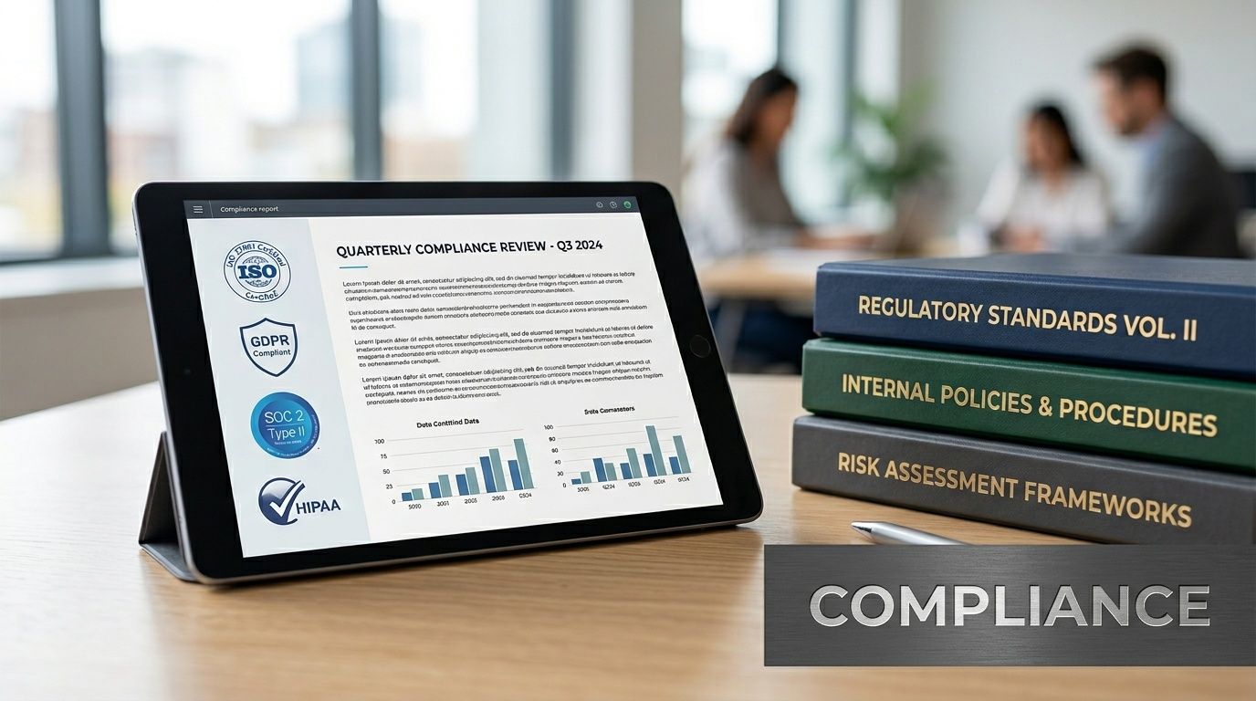 A tablet displaying a quarterly compliance review report sits on a wooden desk next to reference books.