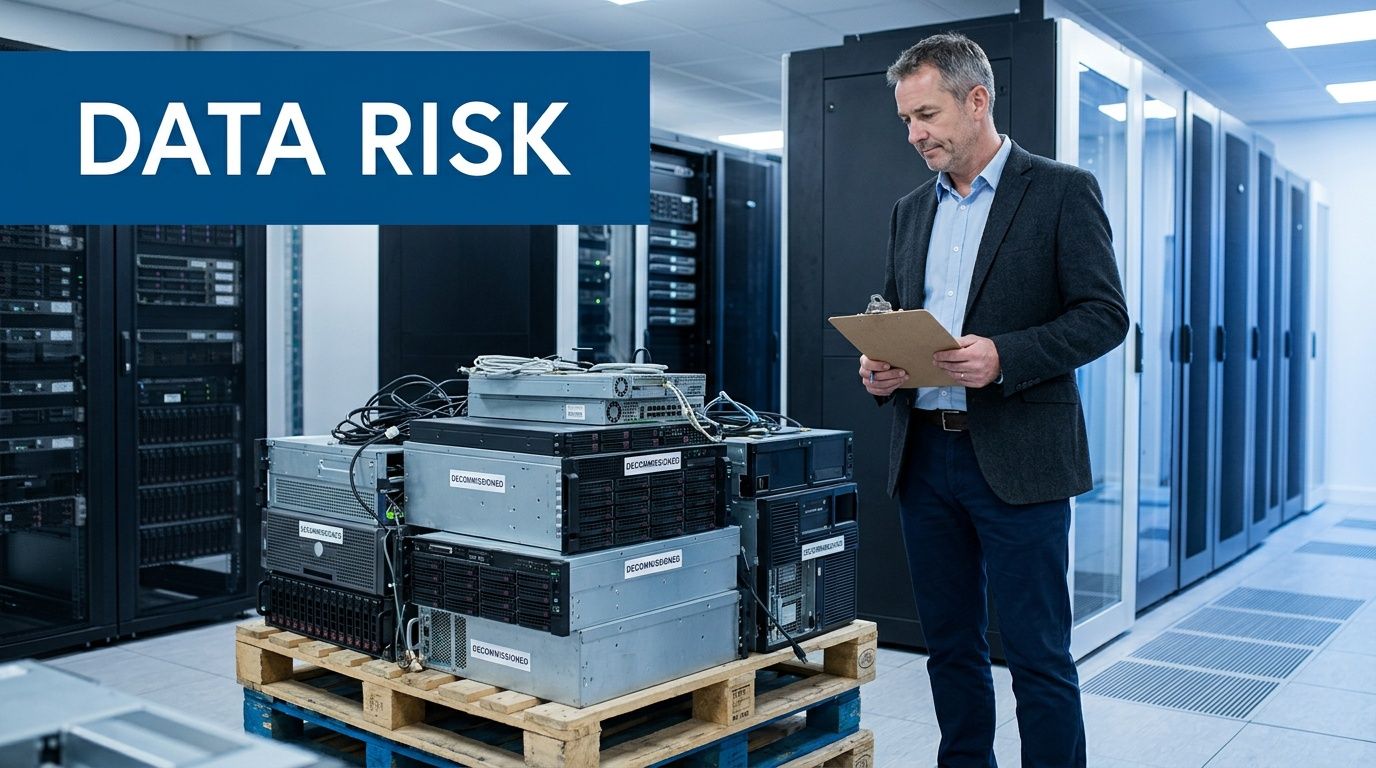 A professional technician inspecting a stack of decommissioned servers on a wooden pallet in a data center.
