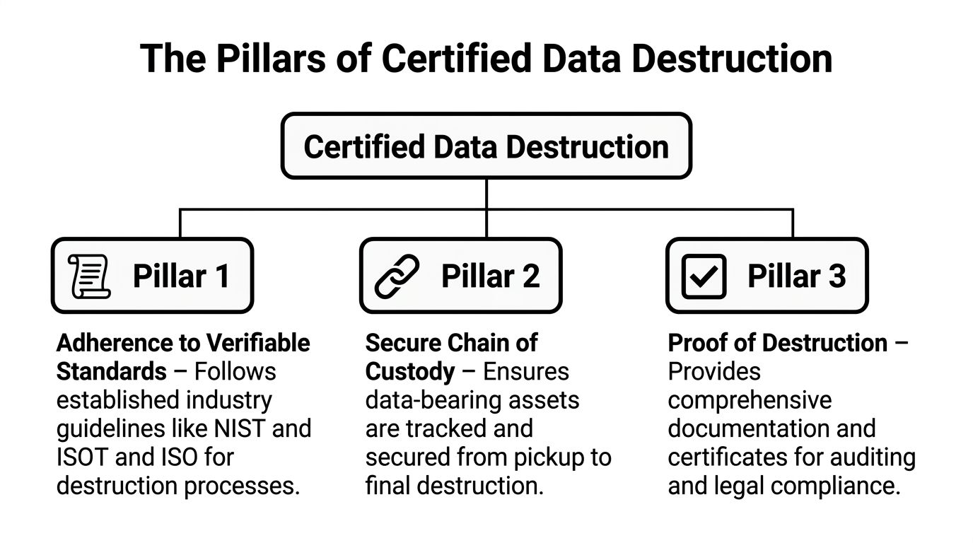 A diagram illustrating the three essential pillars of certified data destruction for secure information management.
