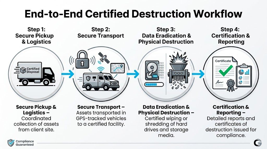 A flowchart showing the four-step end-to-end certified destruction workflow for secure hard drive and asset disposal.