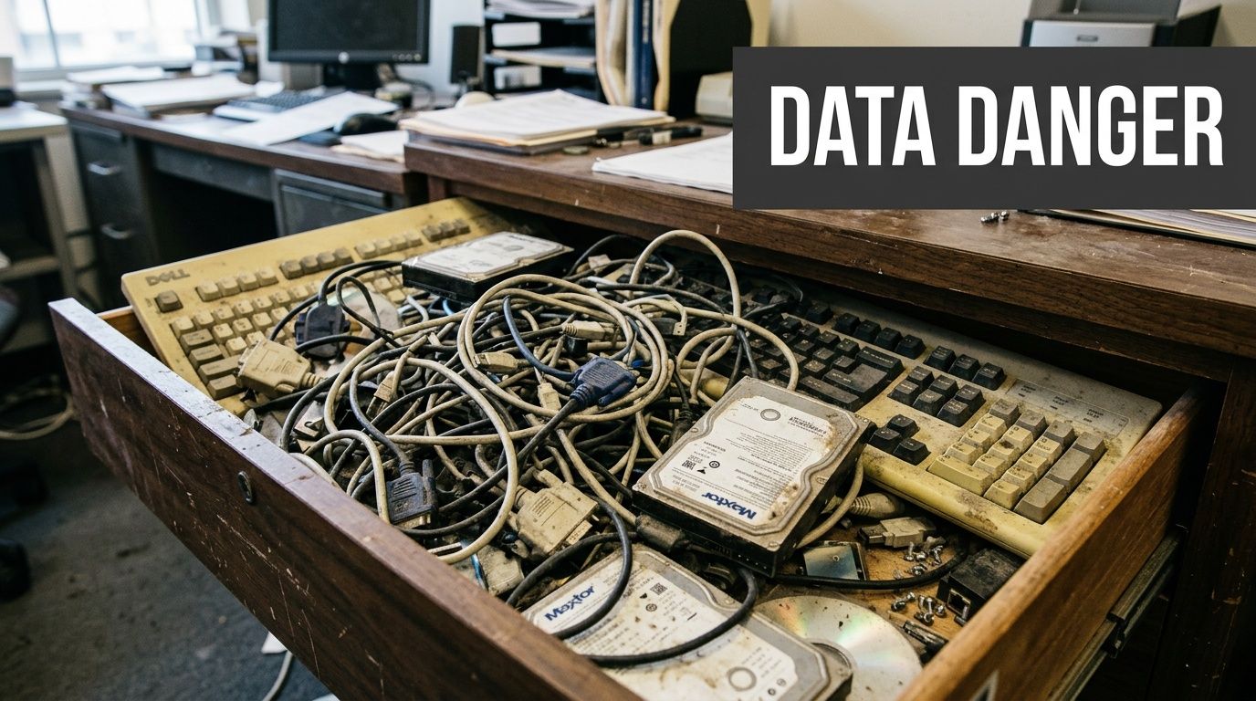 An open desk drawer filled with tangled computer cables, old keyboards, and several dusty hard drives.