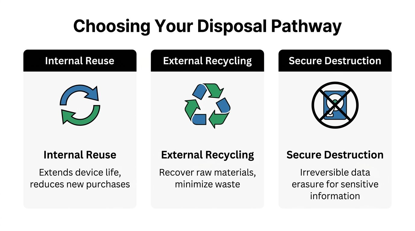 A graphic showing three disposal pathways for computer equipment: internal reuse, external recycling, and secure destruction.
