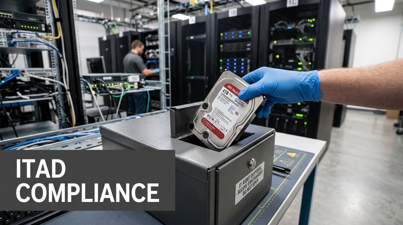 A technician wearing blue gloves places a Western Digital hard drive into a secure IT asset disposal bin.