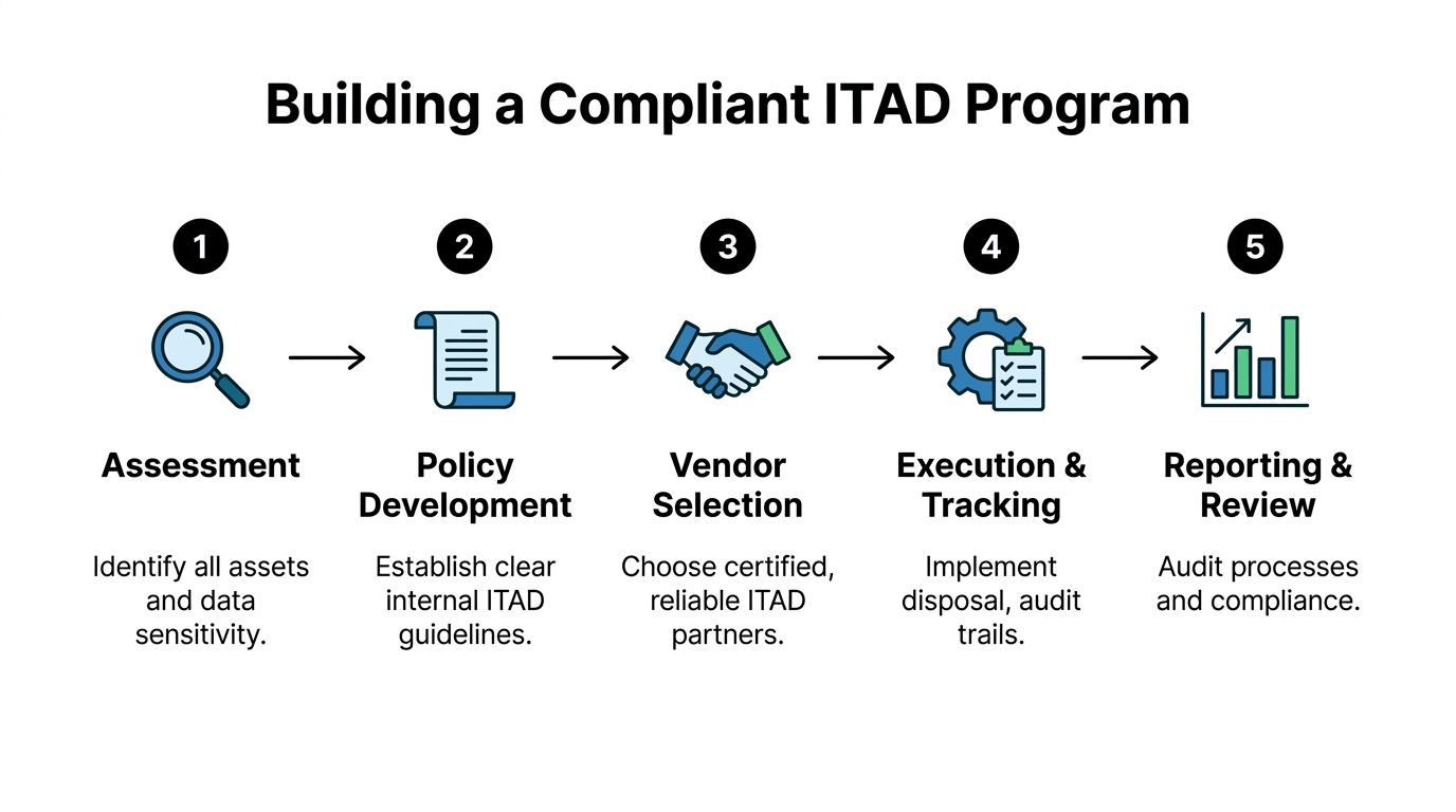 A five-step diagram showing how to build a compliant IT asset disposition program for business organizations.