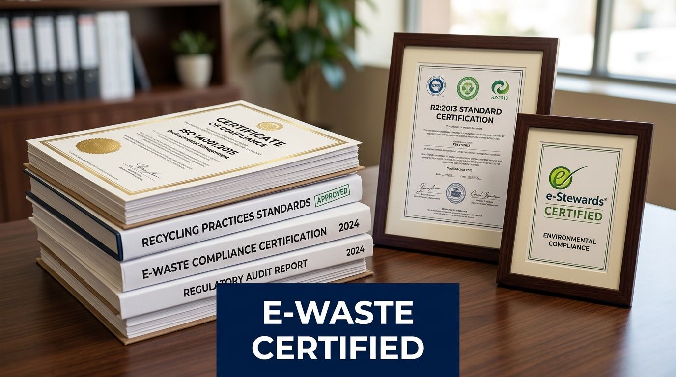 A stack of compliance certificates and e-waste certifications displayed on a wooden office desk.
