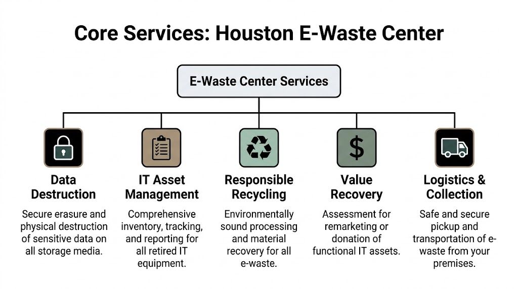 A diagram outlining the core services provided by the Houston E-Waste Center for managing electronic waste.
