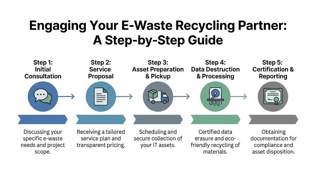 A five step guide infographic illustrating the process of engaging a professional e-waste recycling partner.
