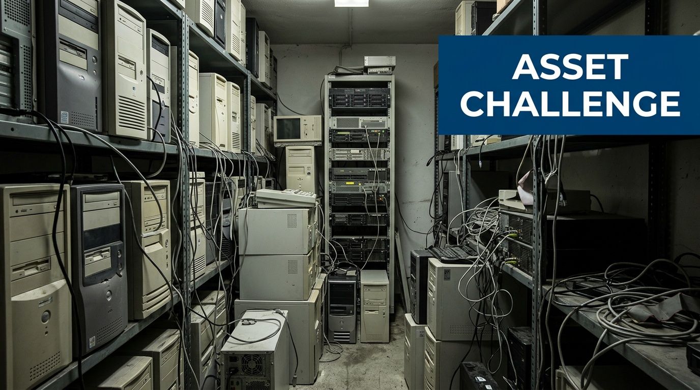 A cluttered storage room filled with stacks of old desktop computers, server towers, and tangled electrical cables.