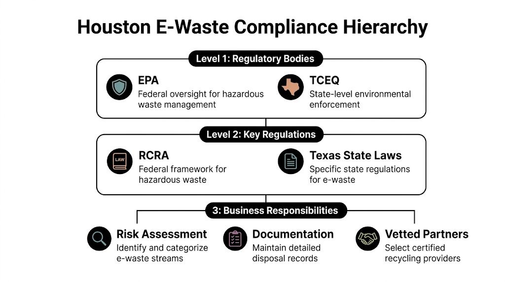 A hierarchical chart outlining regulatory bodies, key regulations, and business responsibilities for Houston e-waste compliance.
