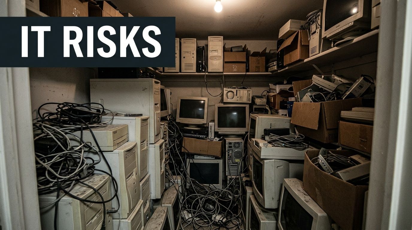 A cluttered room filled with old desktop computers, monitors, and tangled cables representing IT equipment disposal challenges.