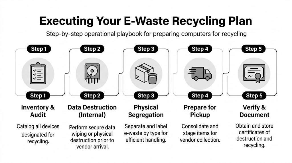A five-step operational playbook graphic illustrating the process of preparing computers for professional e-waste recycling services.