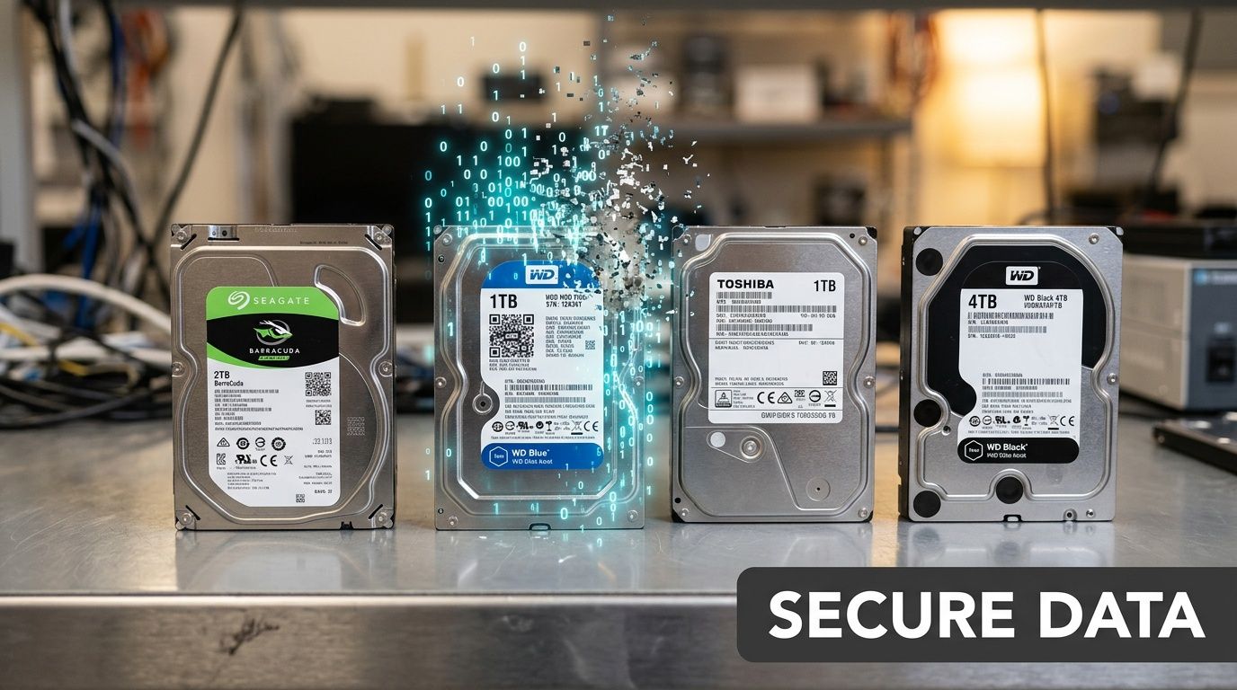 A row of four hard disk drives on a desk with digital data particles rising from one.