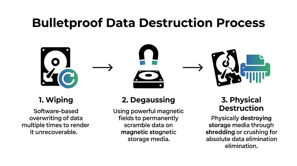 A diagram illustrating the bulletproof data destruction process including wiping, degaussing, and physical shredding of drives.