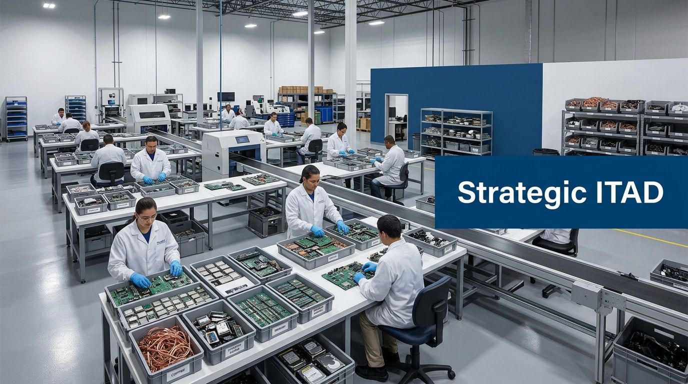 Technicians in white lab coats work on electronic components at a professional computer recycling facility.