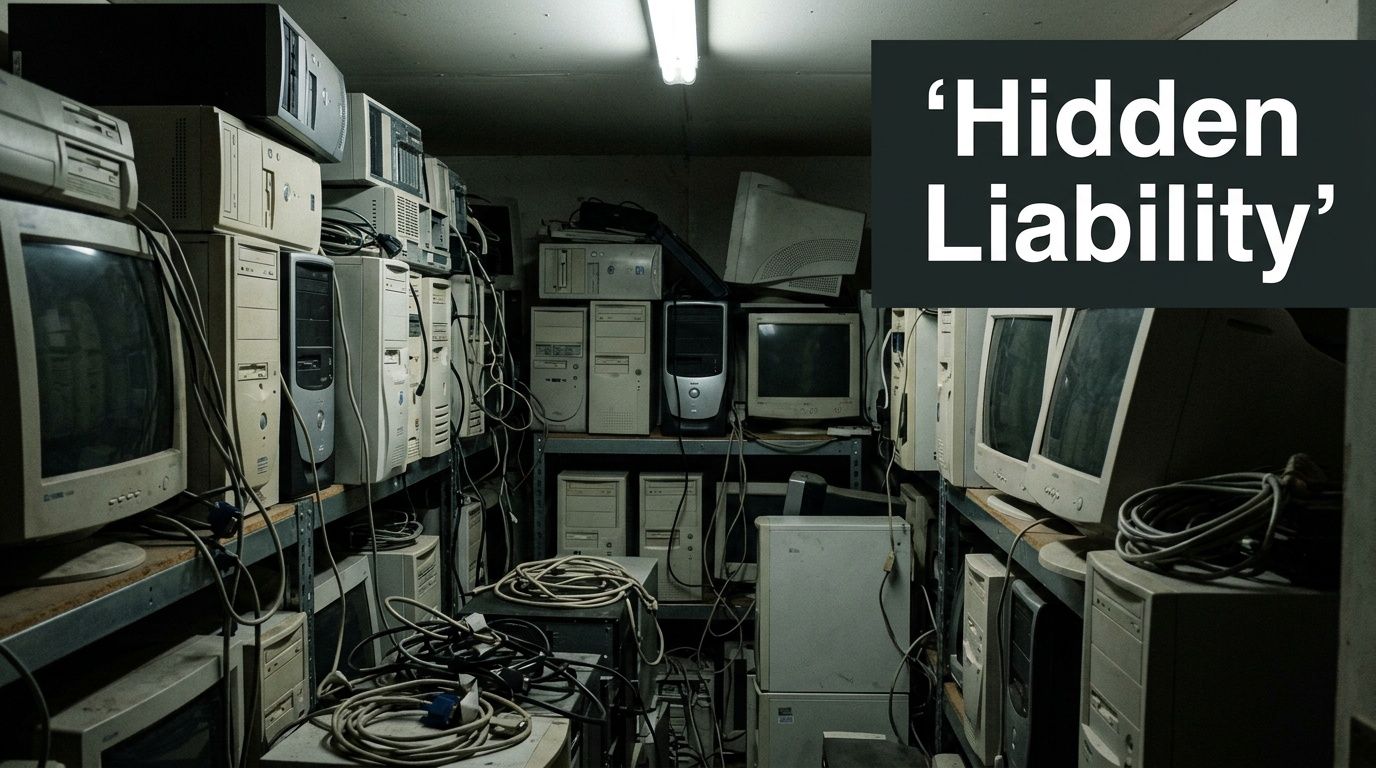 A storage room filled with old, dusty desktop computers, monitors, and cables representing electronic waste disposal.