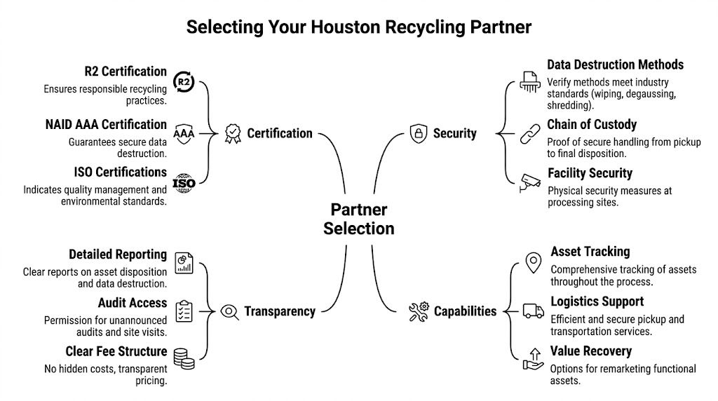 A diagram outlining key criteria for selecting a professional recycling partner for data security and asset management.