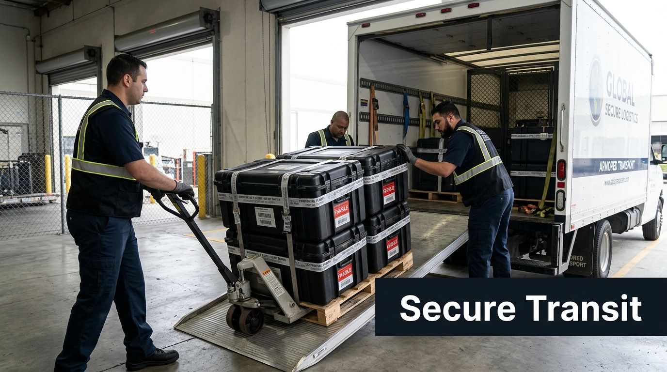 Two employees loading secure cargo cases onto a Global Secure Logistics armored transport truck in a warehouse.