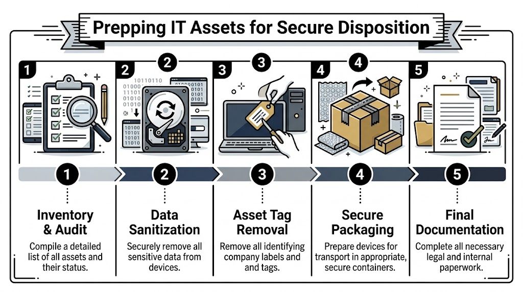 A five-step infographic showing the secure process for disposing of old IT hardware and assets.