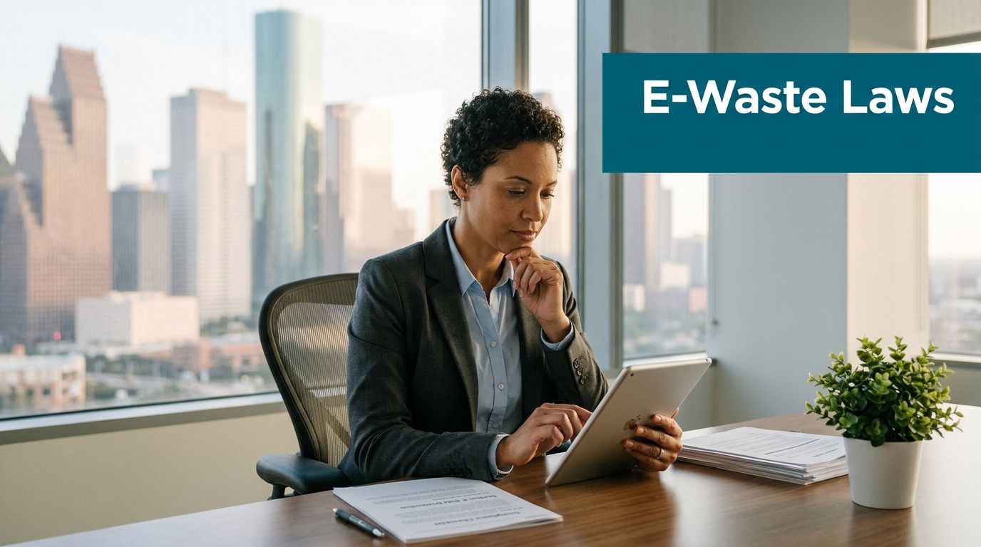 A professional woman sitting in a modern office looking at a tablet in front of a city skyline.
