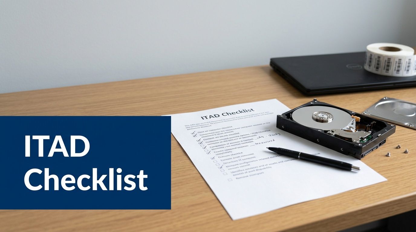 An ITAD checklist document with a pen and computer hard drives on a wooden office desk.