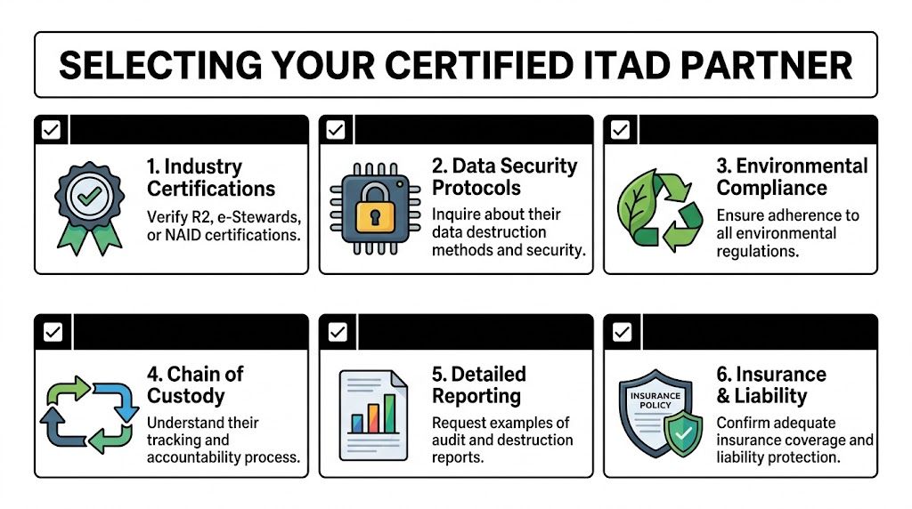 An infographic titled Selecting Your Certified ITAD Partner outlining six essential steps for choosing reliable electronics disposal services.