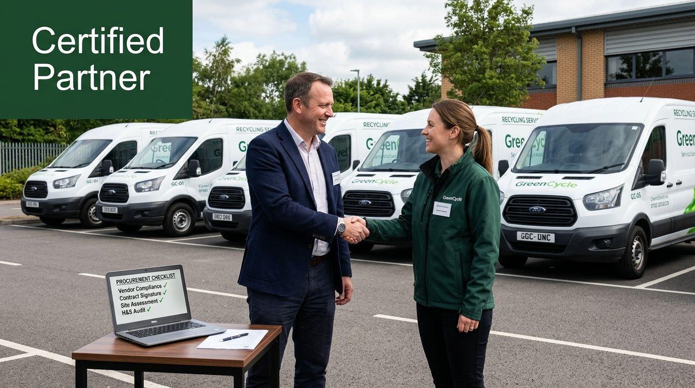 Two smiling business professionals shake hands in front of GreenCycle recycling vans, signifying a certified partnership.