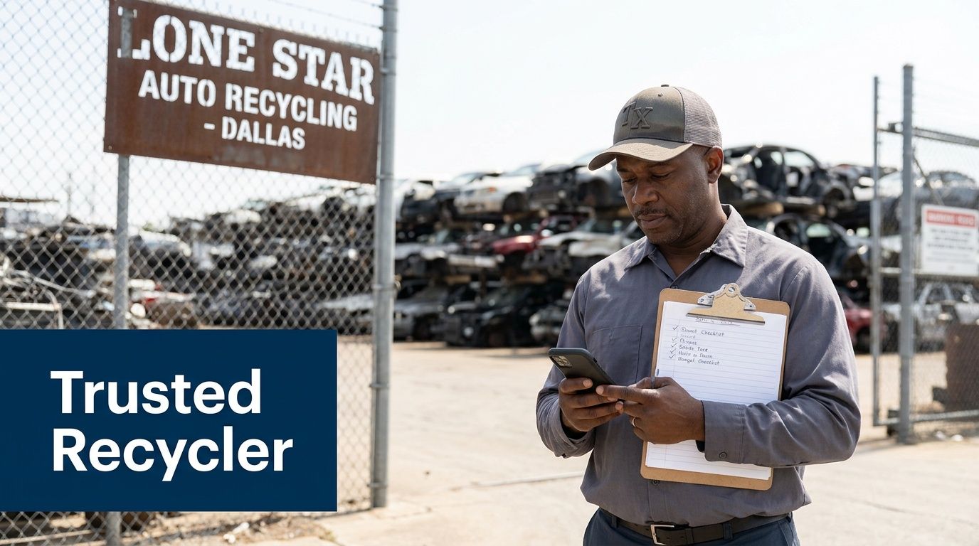 A man in uniform holds a phone and clipboard at Lone Star Auto Recycling in Dallas, surrounded by wrecked cars.