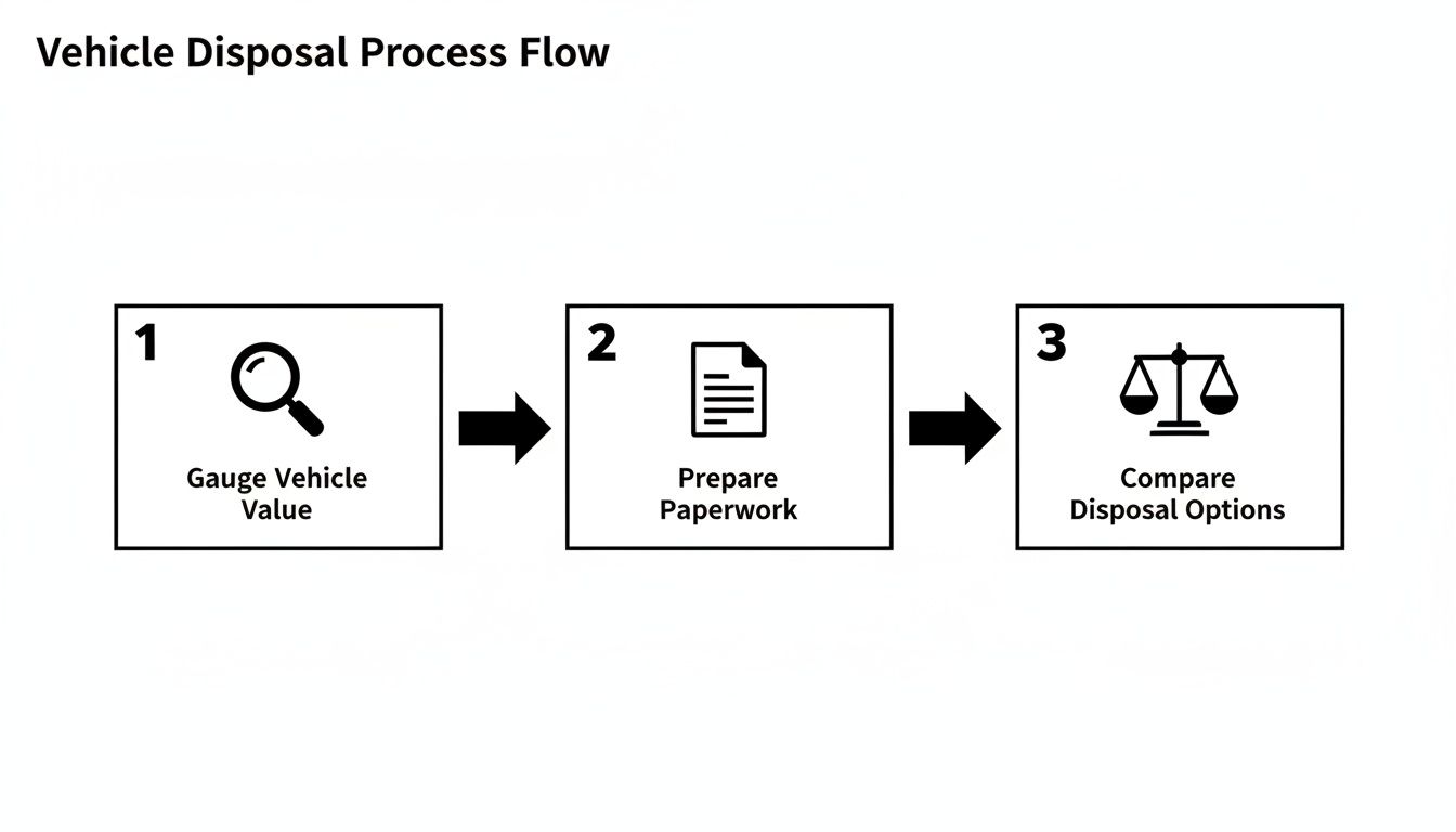 A three-step flow chart illustrating the vehicle disposal process from valuing to comparing options.